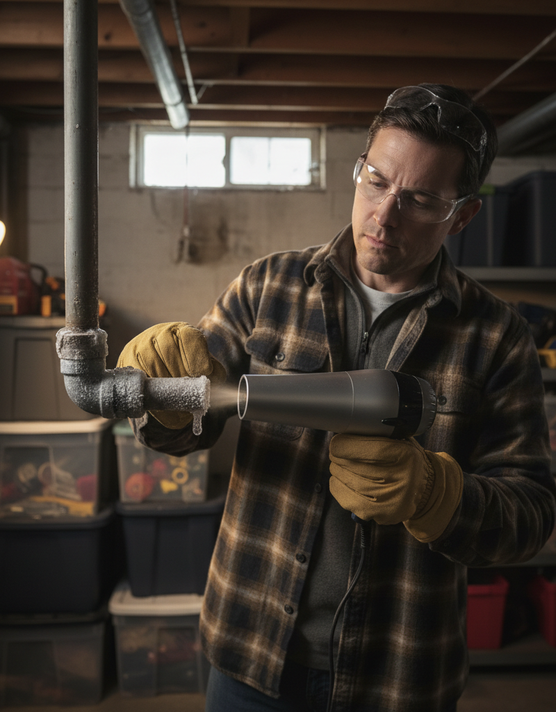 Homeowner carefully thawing a frozen pipe with a hairdryer in a basement.