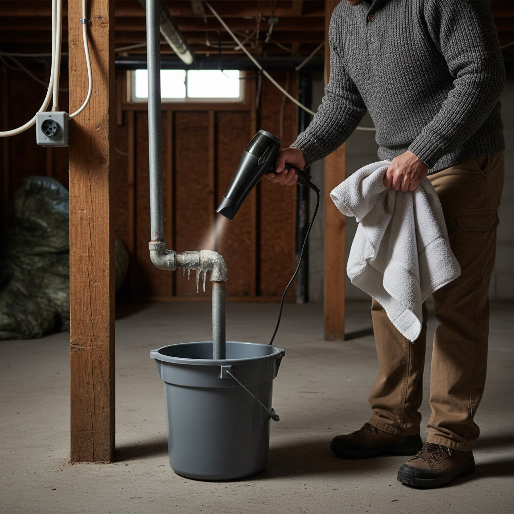 Homeowner safely thawing a frozen metal pipe in a basement with a hairdryer and towel