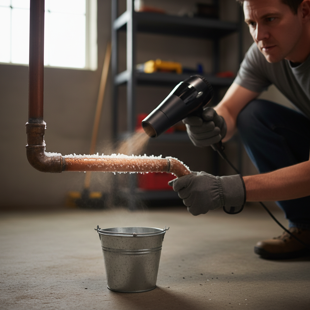 Homeowner using a hairdryer to thaw a frozen, frost-covered copper pipe in a basement with a bucket below.