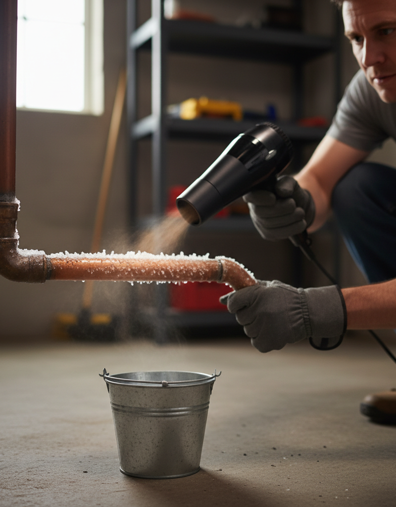 Homeowner using a hairdryer to thaw a frozen, frost-covered copper pipe in a basement with a bucket below.