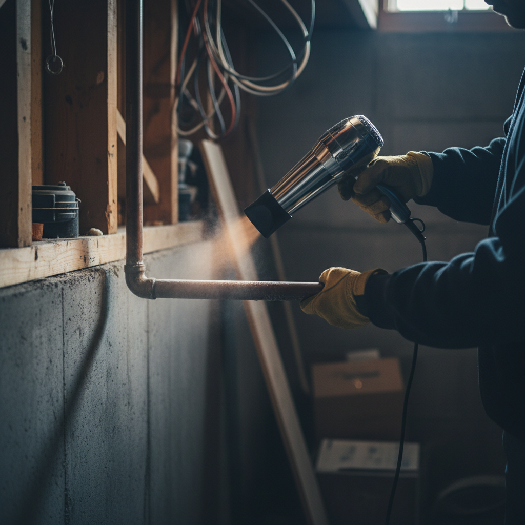 Homeowner safely thawing a frozen pipe with a hairdryer in a cold basement.