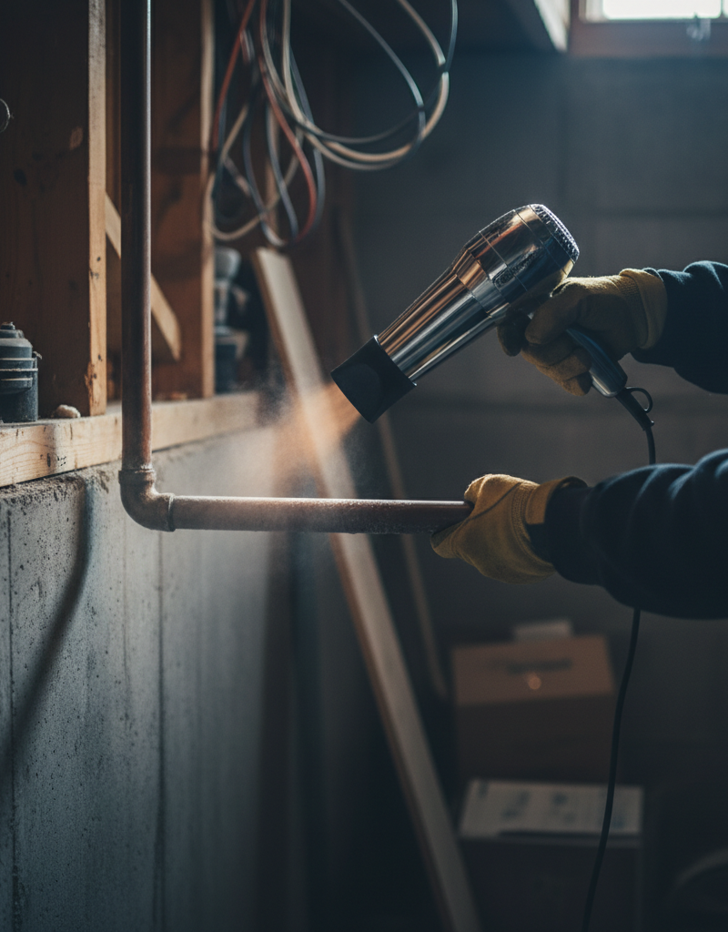 Homeowner safely thawing a frozen pipe with a hairdryer in a cold basement.