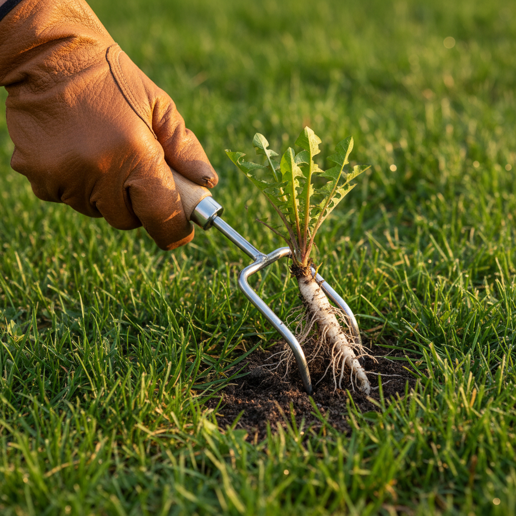 Hand pulling a dandelion with a weeding tool, making sure to extract the long taproot from the lawn.