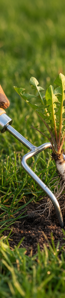 Hand pulling a dandelion with a weeding tool, making sure to extract the long taproot from the lawn.