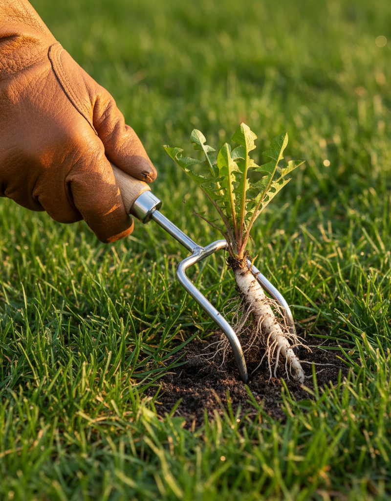 Hand pulling a dandelion with a weeding tool, making sure to extract the long taproot from the lawn.