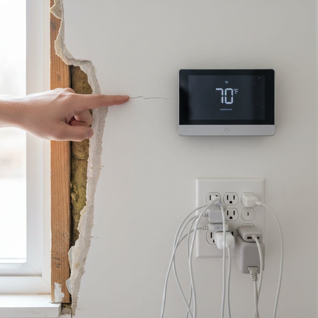 Homeowner pointing out a hidden crack in a wall near a smart thermostat, illustrating unseen home energy drains.