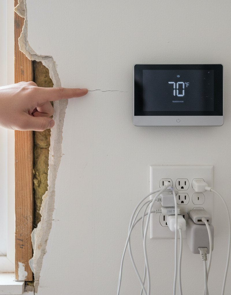 Homeowner pointing out a hidden crack in a wall near a smart thermostat, illustrating unseen home energy drains.