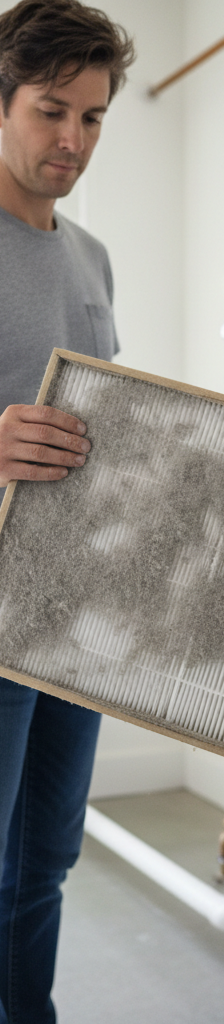 Homeowner checking a dirty furnace air filter, a common reason for a thermostat not reaching the set temperature.