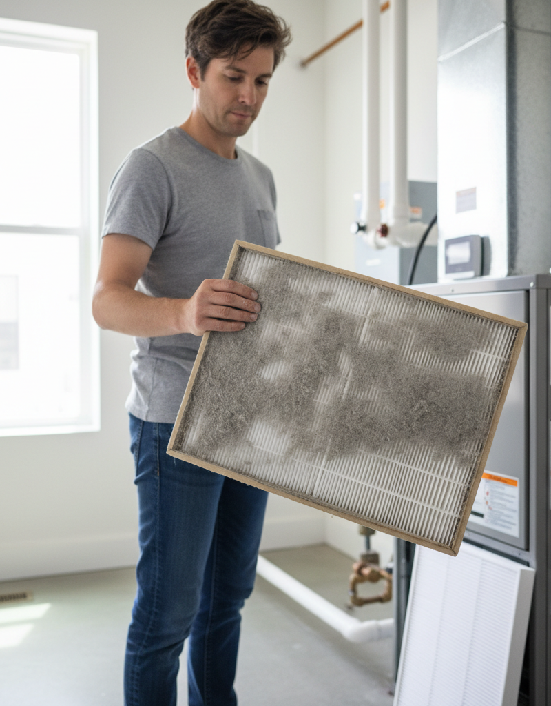 Homeowner checking a dirty furnace air filter, a common reason for a thermostat not reaching the set temperature.