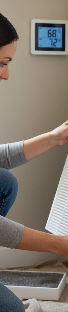 Homeowner replacing a dirty HVAC air filter, a common fix for thermostats not reaching set temperature.
