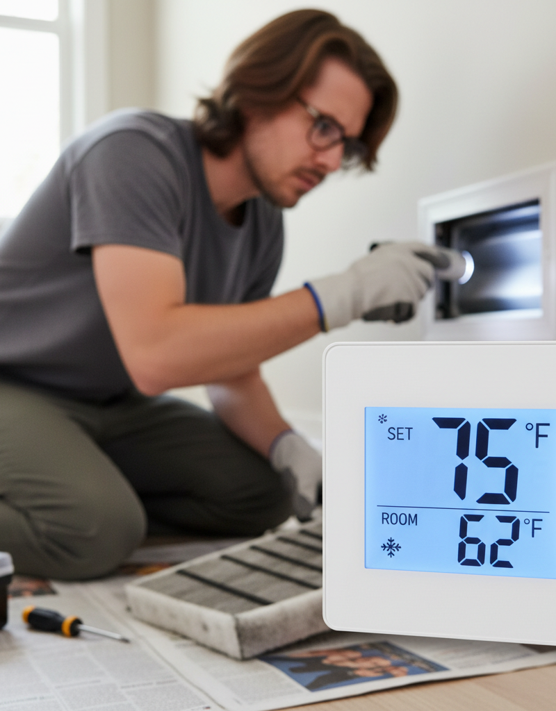 Homeowner troubleshooting a digital thermostat not reaching set temperature, with a blurry background of an air vent.
