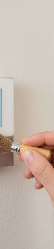 Homeowner gently cleaning dust from a digital thermostat sensor with a soft brush.