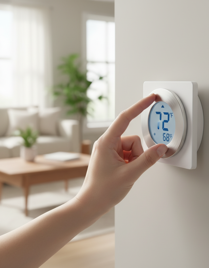 Hand adjusting a digital thermostat that shows the room is colder than the set temperature