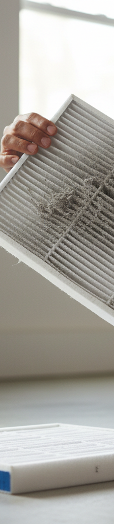 Homeowner inspecting a dirty HVAC air filter, comparing it to a clean new filter.