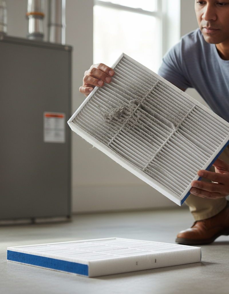 Homeowner inspecting a dirty HVAC air filter, comparing it to a clean new filter.