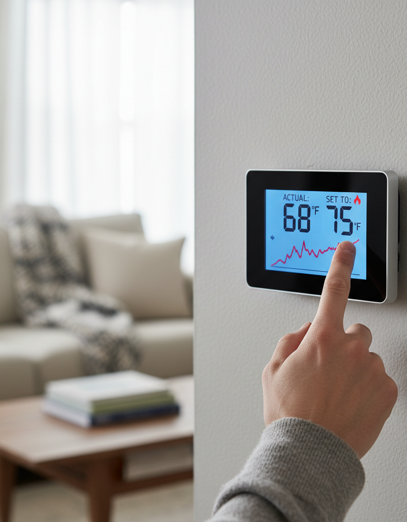 Digital thermostat displaying a room temperature higher than the set cooling temperature, indicating a problem.