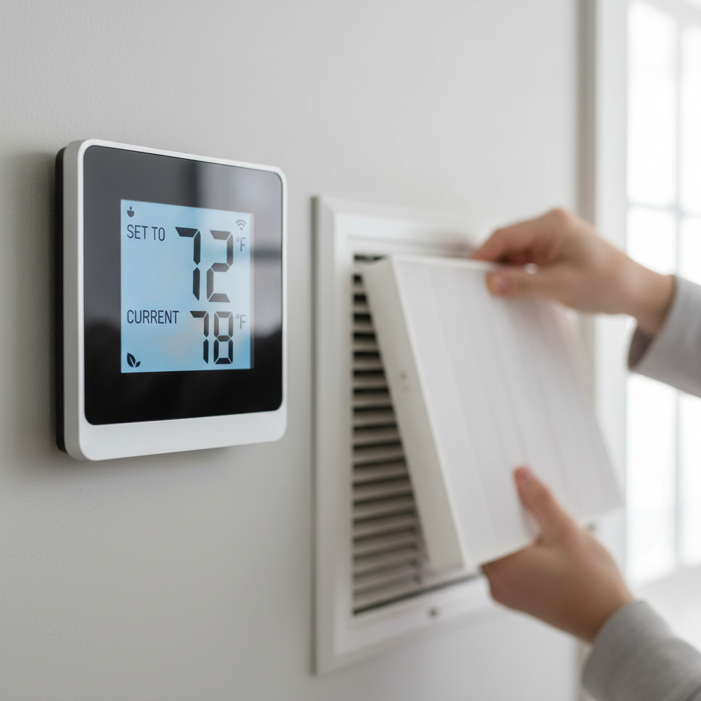 Homeowner checking a smart thermostat that isn't reaching the set temperature, with a blurred air filter in the background.