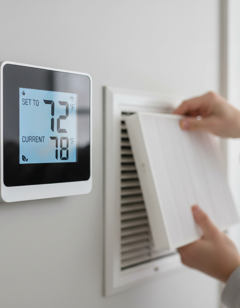 Homeowner checking a smart thermostat that isn't reaching the set temperature, with a blurred air filter in the background.