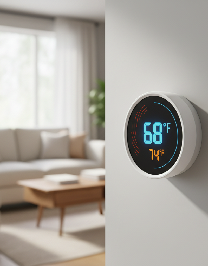A smart thermostat screen showing 78 degrees Fahrenheit when set to 72, indicating the system is not reaching the set temperature.