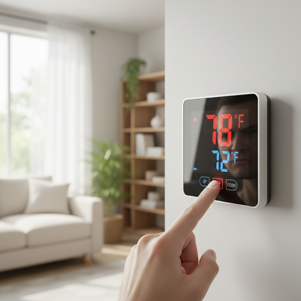 Digital thermostat displaying 75°F when set to 70°F, indicating a system unable to reach the target temperature.