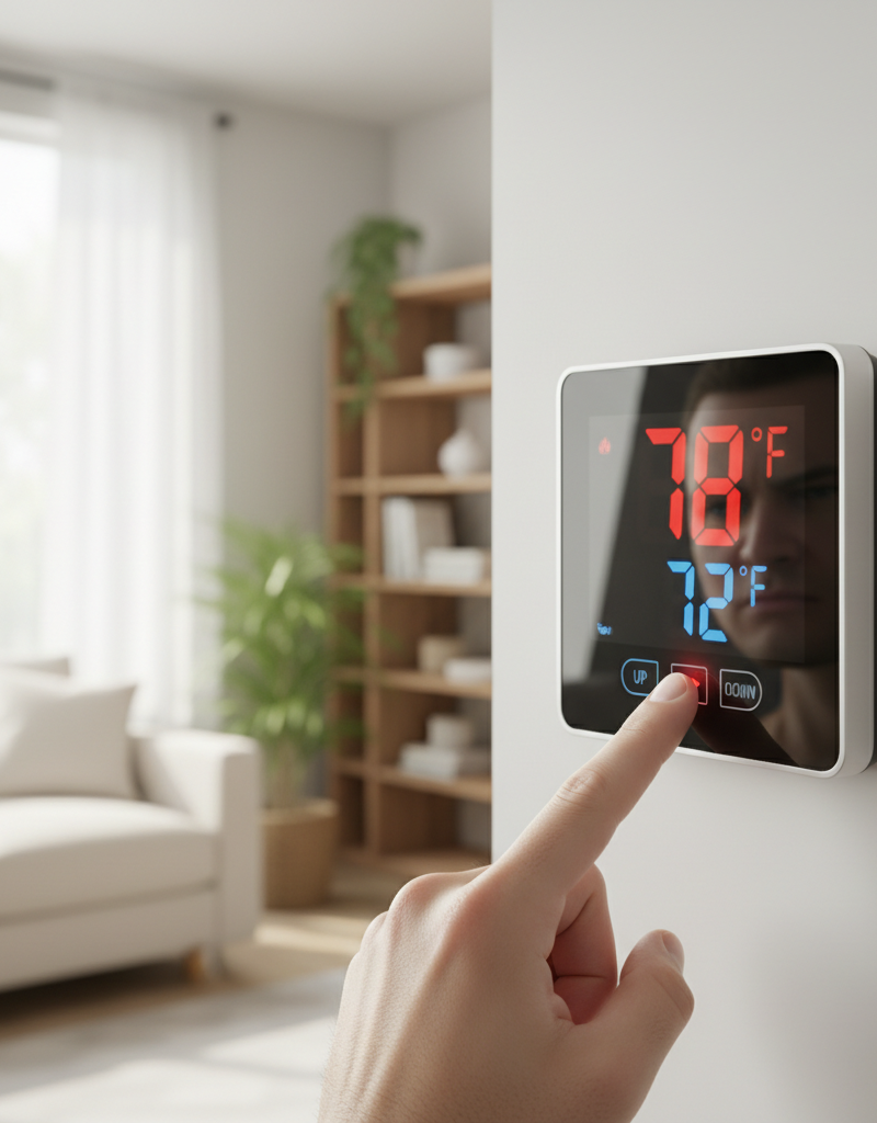 Digital thermostat displaying 75°F when set to 70°F, indicating a system unable to reach the target temperature.