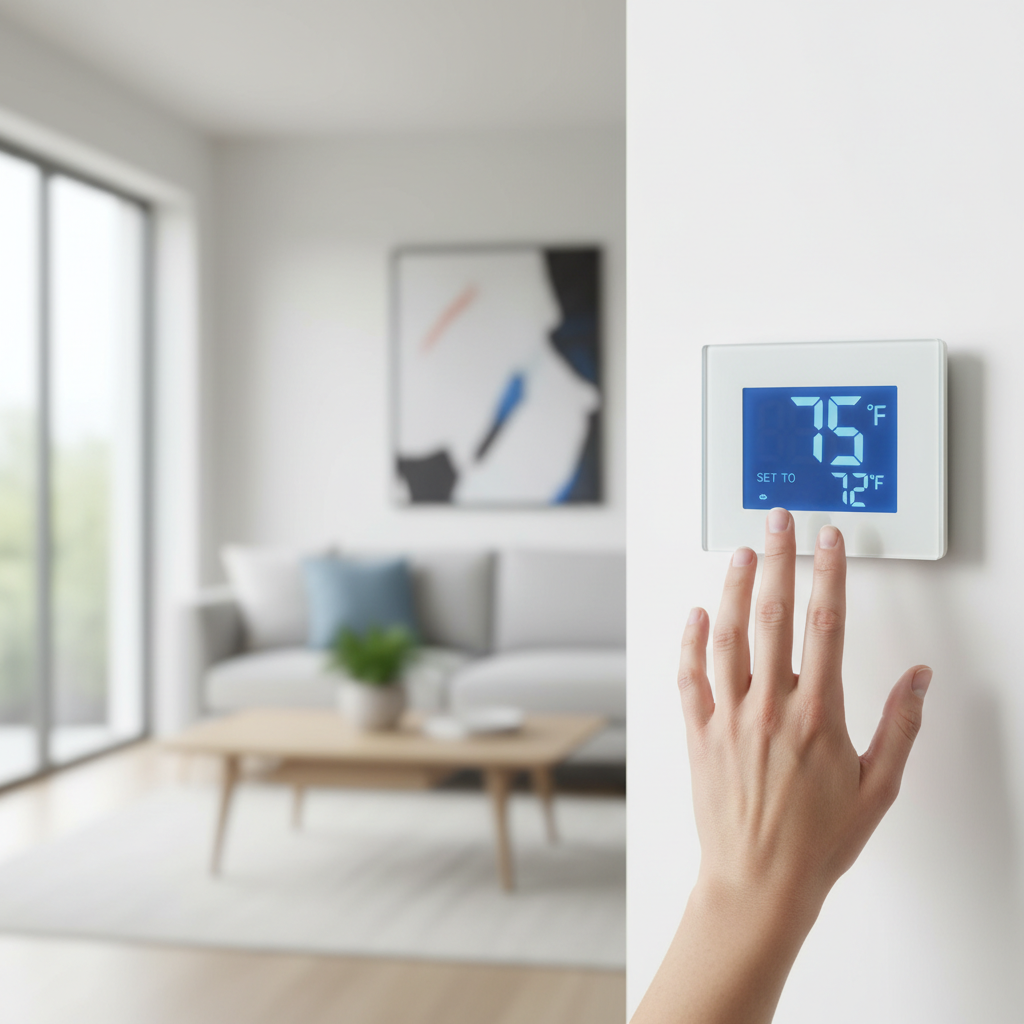 Homeowner adjusting a digital smart thermostat displaying a room temperature higher than the set temperature.