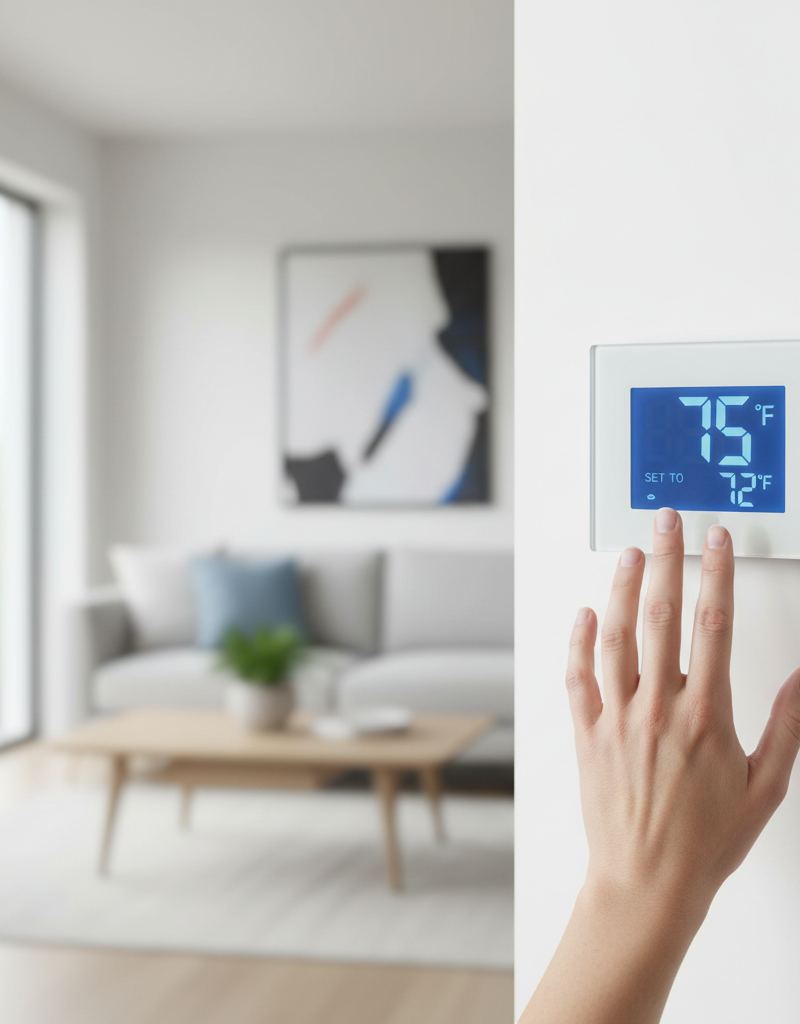 Homeowner adjusting a digital smart thermostat displaying a room temperature higher than the set temperature.