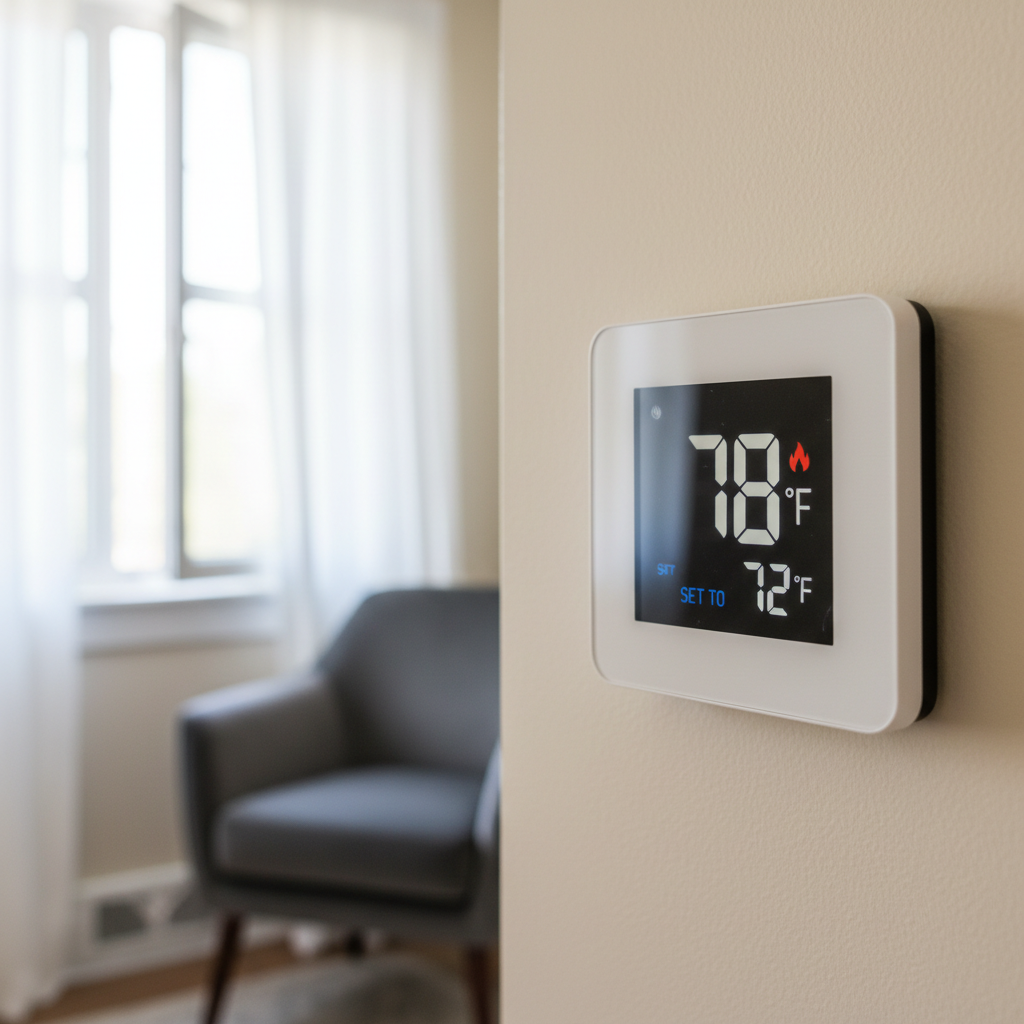 A smart thermostat displaying 78 degrees when it's set to 72, with a blurry background of a living room indicating a home comfort issue.