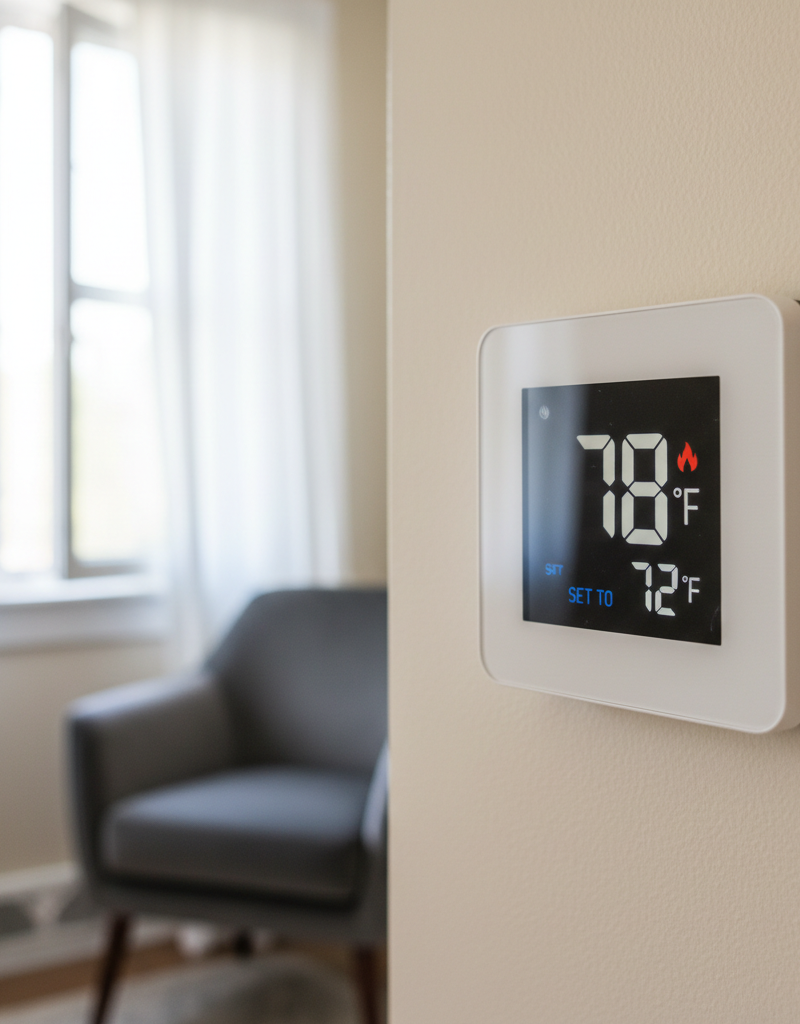 A smart thermostat displaying 78 degrees when it's set to 72, with a blurry background of a living room indicating a home comfort issue.