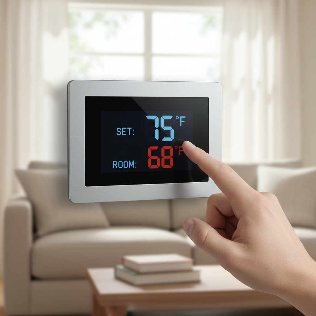 Digital thermostat displaying a discrepancy between set temperature and actual room temperature in a home.