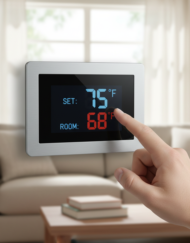 Digital thermostat displaying a discrepancy between set temperature and actual room temperature in a home.