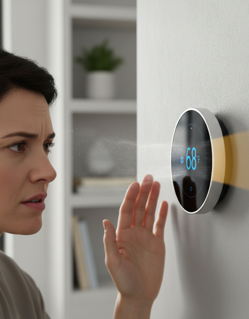 Homeowner troubleshooting a smart thermostat that's not reaching the set temperature, looking for environmental factors.
