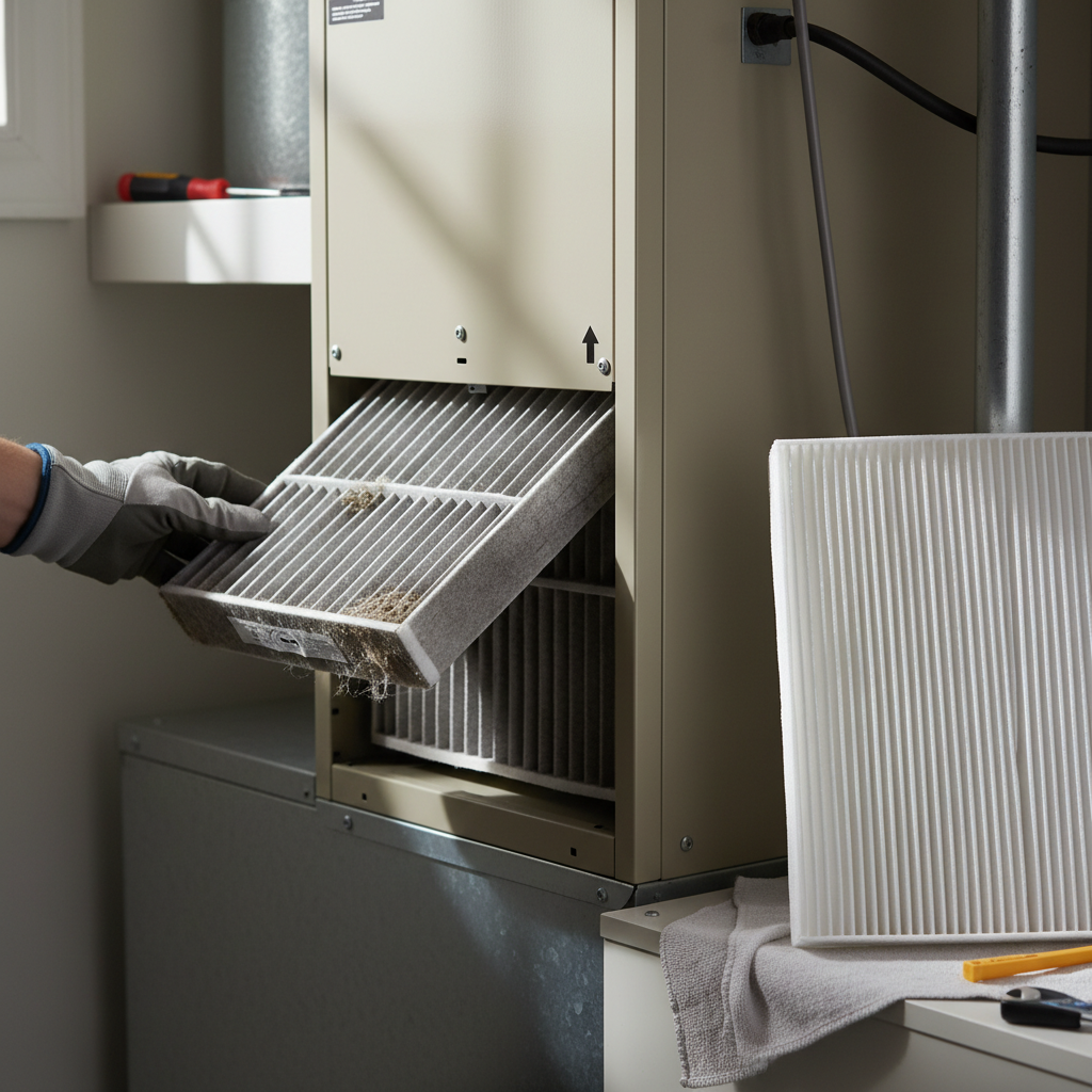 Homeowner's hand replacing a dirty HVAC air filter in a furnace slot