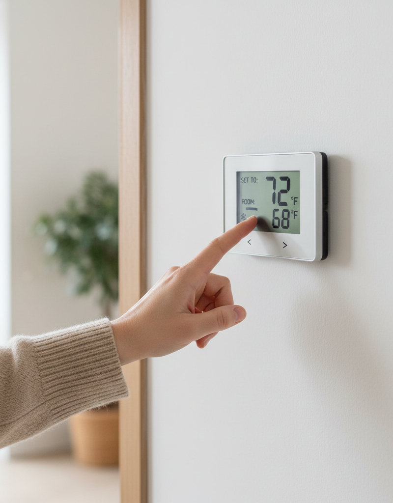 Homeowner checking a digital thermostat that is not reaching the set temperature, indicating an HVAC issue.