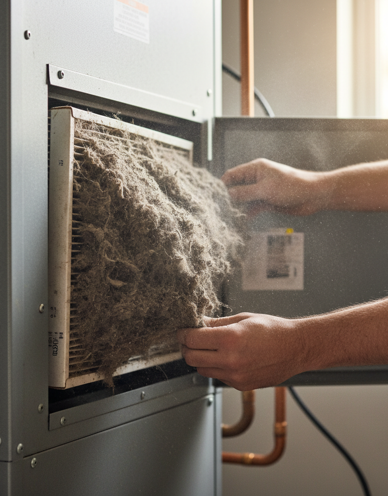Homeowner pulling out a severely dirty, clogged air filter from a furnace, illustrating a common cause of thermostat issues.