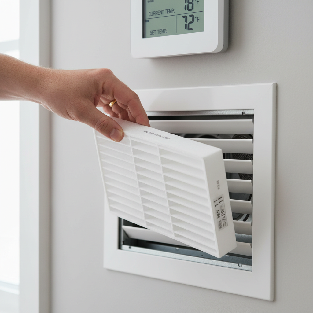 Homeowner installing a clean HVAC air filter which is a common fix for thermostats not reaching set temperature.