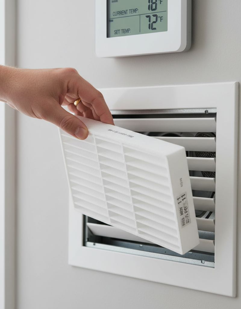 Homeowner installing a clean HVAC air filter which is a common fix for thermostats not reaching set temperature.
