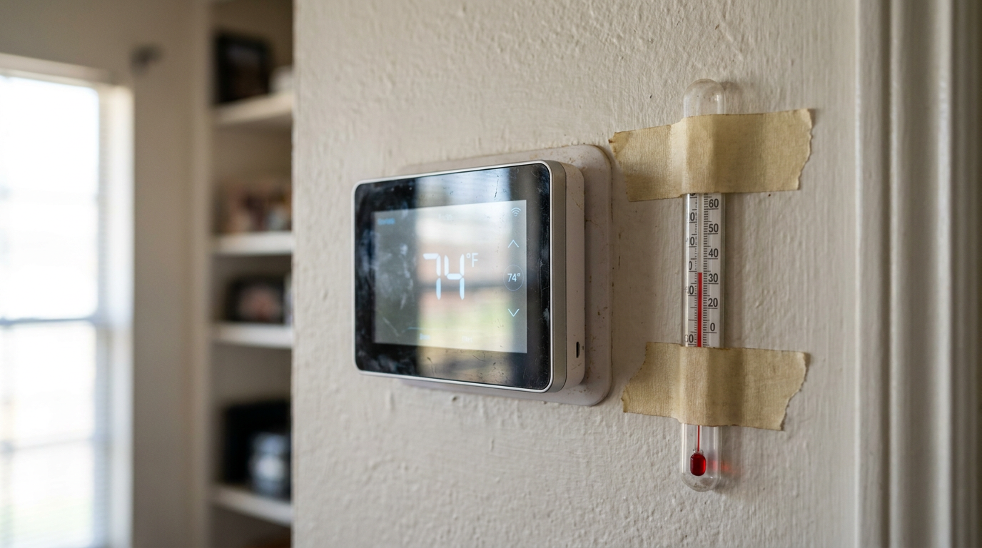 A digital thermostat on a wall showing an inaccurate temperature compared to a real thermometer next to it.