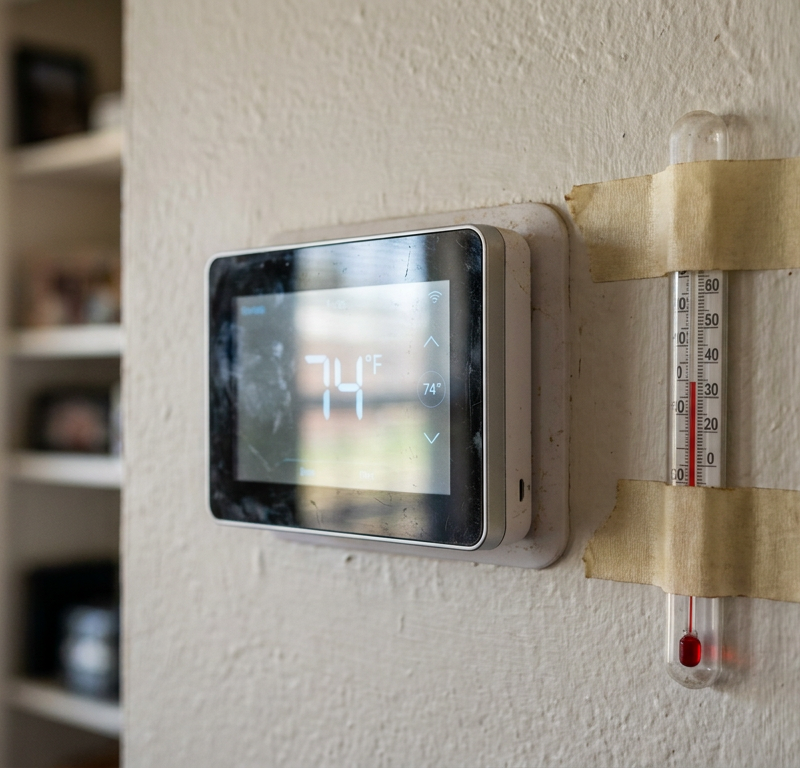 A digital thermostat on a wall showing an inaccurate temperature compared to a real thermometer next to it.