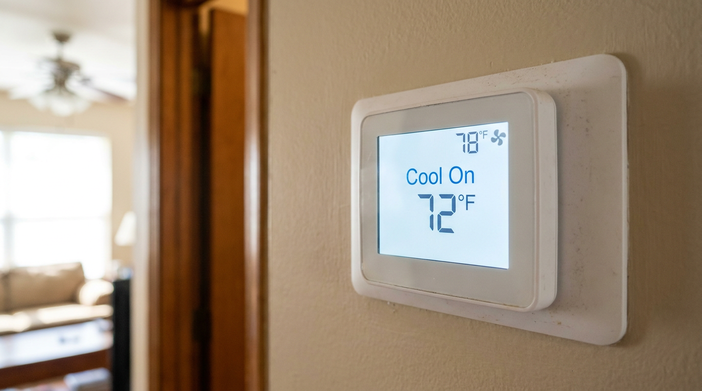 A digital thermostat on a wall shows "Cool On" but the room temperature is much higher than the set temperature.