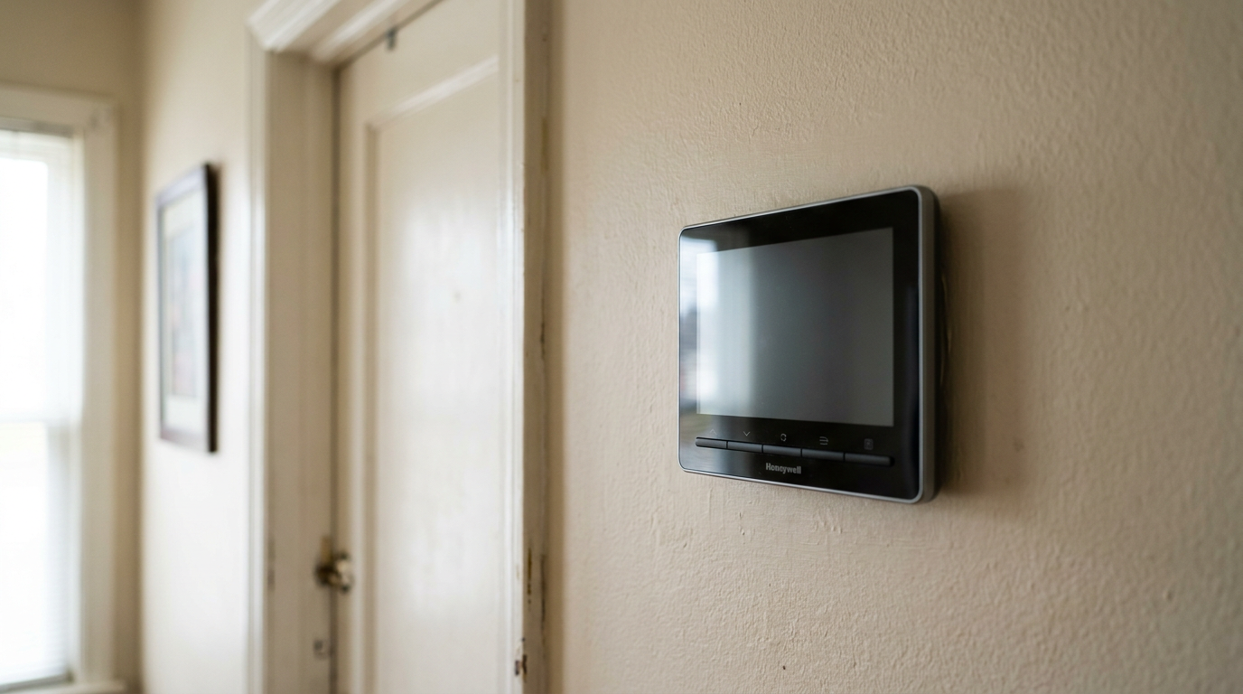 A blank digital thermostat screen on a wall, showing that it has no power.
