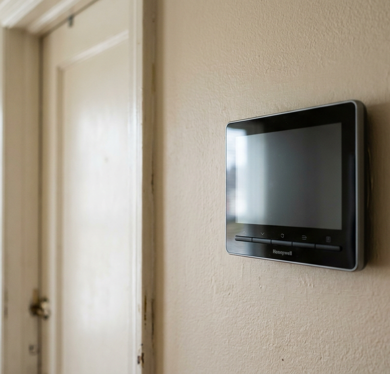 A blank digital thermostat screen on a wall, showing that it has no power.