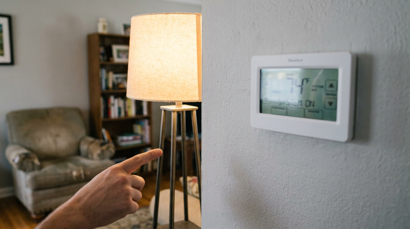 A hand pointing out a floor lamp shining directly on a digital wall thermostat, a common cause of short cycling.