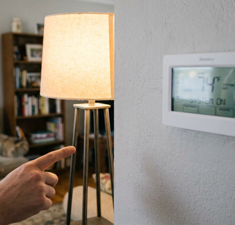 A hand pointing out a floor lamp shining directly on a digital wall thermostat, a common cause of short cycling.