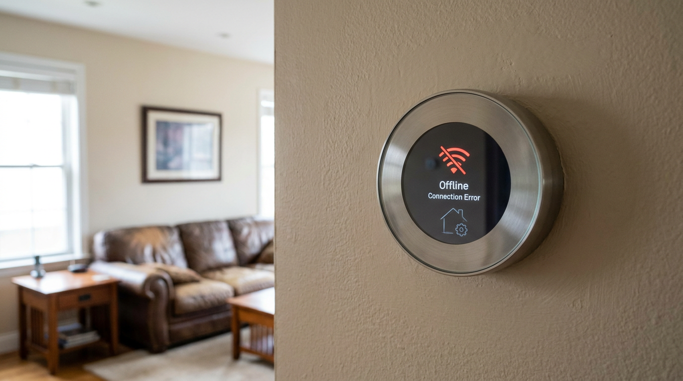 A smart thermostat on a wall showing a Wi-Fi connection error symbol on its screen.