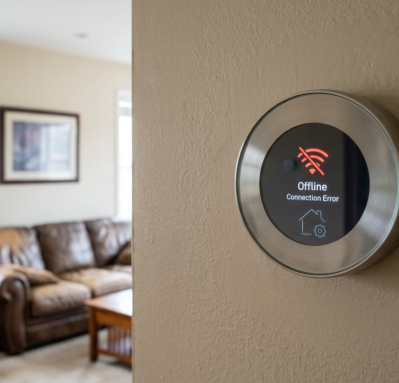 A smart thermostat on a wall showing a Wi-Fi connection error symbol on its screen.