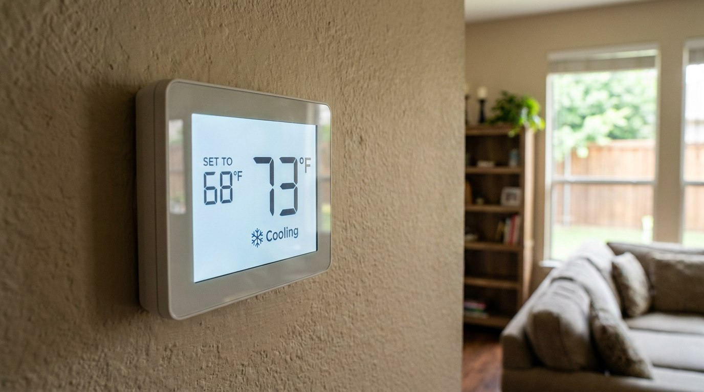 A digital thermostat on a wall showing that the current room temperature is higher than the set cooling temperature.