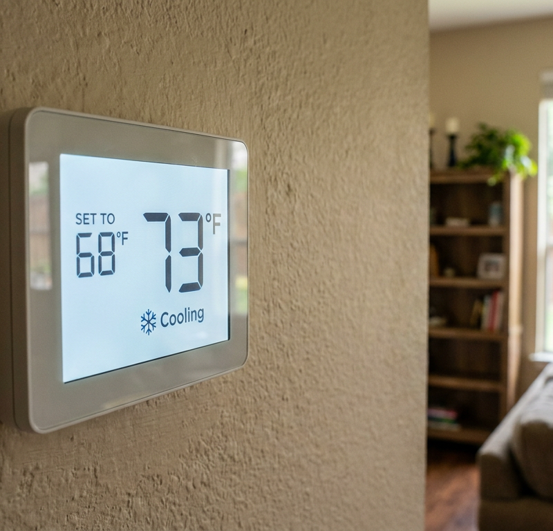 A digital thermostat on a wall showing that the current room temperature is higher than the set cooling temperature.