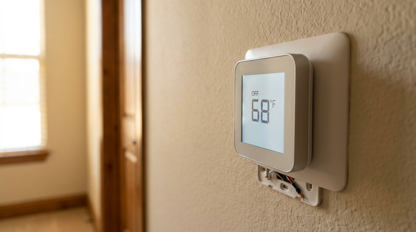 Digital thermostat on a living room wall showing cool mode while outdoor AC condenser runs continuously
