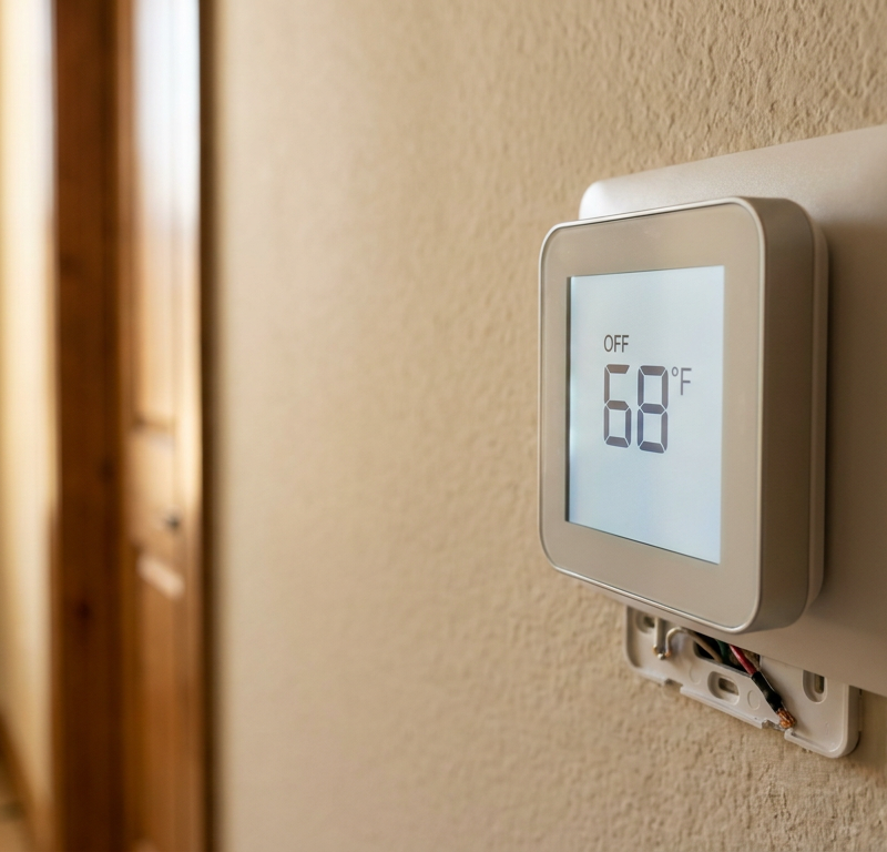 Digital thermostat on a living room wall showing cool mode while outdoor AC condenser runs continuously